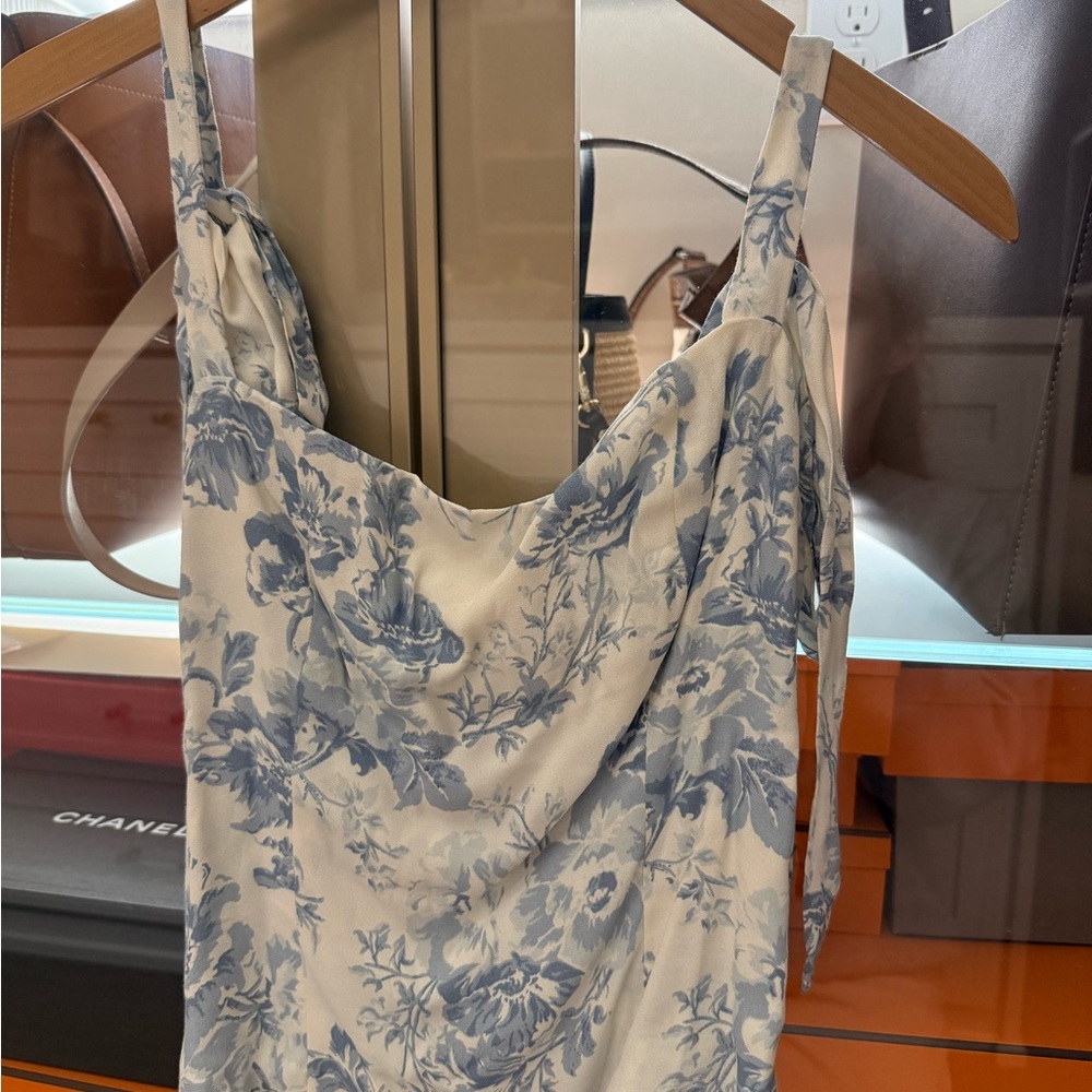 Reformation White and Blue Floral Cowl Neck Tank